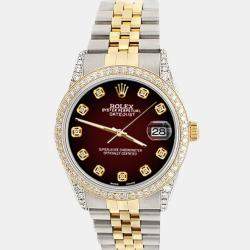 Rolex Custom Maroon Vignette 1.4ct Diamond 18k Yellow Gold Stainless Steel Datejust Automatic Men's Wristwatch 36 mm