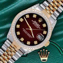 Rolex Custom Maroon Vignette 1.4ct Diamond 18k Yellow Gold Stainless Steel Datejust Automatic Men's Wristwatch 36 mm