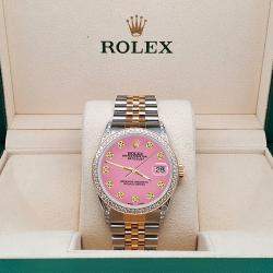 Rolex Custom Pink 1.4ct Diamond 18k Yellow Gold Stainless Steel Datejust Automatic Men's Wristwatch 36 mm