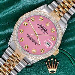 Rolex Custom Pink 1.4ct Diamond 18k Yellow Gold Stainless Steel Datejust Automatic Men's Wristwatch 36 mm