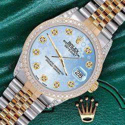 Rolex Custom Blue 1.4ct Diamond 18k Yellow Gold Stainless Steel Datejust Automatic Men's Wristwatch 36 mm