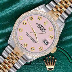 Rolex Custom Orchid Pink 1.4ct Diamond 18k Yellow Gold Stainless Steel Datejust Automatic Men's Wristwatch 36 mm