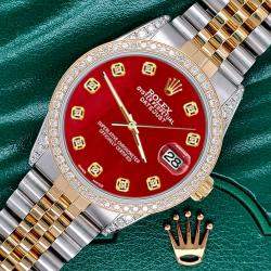 Rolex Custom Red MOP 1.4ct Diamond 18k Yellow Gold Stainless Steel Datejust Automatic Men's Wristwatch 36 mm