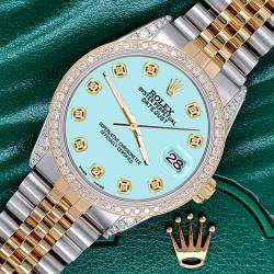 Rolex Custom /Aqua Blue 1.4ct Diamond 18k Yellow Gold Stainless Steel Datejust Automatic Men's Wristwatch 36 mm