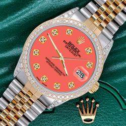 Rolex Custom Coral 1.4ct Diamond 18k Yellow Gold Stainless Steel Datejust Automatic Men's Wristwatch 36 mm