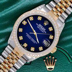 Rolex Custom Blue Vignette 1.4ct Diamond 18k Yellow Gold Stainless Steel Datejust Automatic Men's Wristwatch 36 mm
