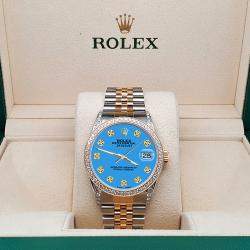 Rolex Custom Blue 1.4ct Diamond 18k Yellow Gold Stainless Steel Datejust Automatic Men's Wristwatch 36 mm