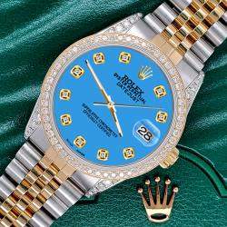 Rolex Custom Blue 1.4ct Diamond 18k Yellow Gold Stainless Steel Datejust Automatic Men's Wristwatch 36 mm