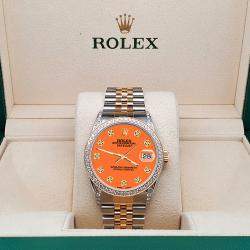 Rolex Custom Pastel Orange 1.4ct Diamond 18k Yellow Gold Stainless Steel Datejust Automatic Men's Wristwatch 36 mm
