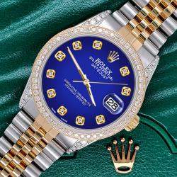 Rolex Custom Navy Blue 1.4ct Diamond 18k Yellow Gold Stainless Steel Datejust Automatic Men's Wristwatch 36 mm