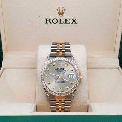 Rolex Custom Silver 1.4ct Diamond 18k Yellow Gold Stainless Steel Datejust Automatic Men's Wristwatch 36 mm