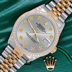 Rolex Custom Silver 1.4ct Diamond 18k Yellow Gold Stainless Steel Datejust Automatic Men's Wristwatch 36 mm