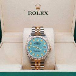 Rolex Custom Turquoise 1.4ct Diamond 18k Yellow Gold Stainless Steel Datejust Automatic Men's Wristwatch 36 mm