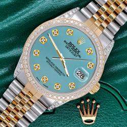 Rolex Custom Turquoise 1.4ct Diamond 18k Yellow Gold Stainless Steel Datejust Automatic Men's Wristwatch 36 mm
