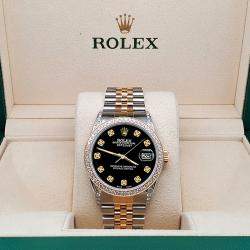 Rolex Custom Black 1.4ct Diamond 18k Yellow Gold Stainless Steel Datejust Automatic Men's Wristwatch 36 mm