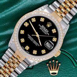 Rolex Custom Black 1.4ct Diamond 18k Yellow Gold Stainless Steel Datejust Automatic Men's Wristwatch 36 mm