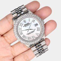 Rolex Custom 4.6ct White MOP Diamond Stainless Steel Datejust Automatic Men's Wristwatch 36 mm