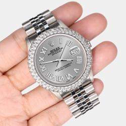 Rolex Custom Silver 4.6ct Diamond Stainless Steel Datejust Automatic Men's Wristwatch 36 mm