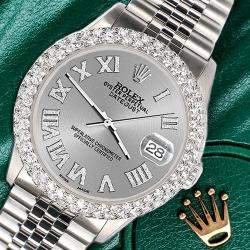 Rolex Custom Silver 4.6ct Diamond Stainless Steel Datejust Automatic Men's Wristwatch 36 mm