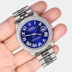Rolex Custom Navy Blue 4.6ct Diamond Stainless Steel Datejust Automatic Men's Wristwatch 36 mm