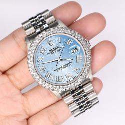 Rolex Custom Blue 4.6ct Diamond Stainless Steel Datejust Automatic Men's Wristwatch 36 mm