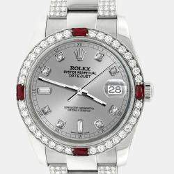 Rolex Custom Silver  4.5CT Diamond Stainless Steel Datejust 116200 Automatic Men's Wristwatch 36 mm