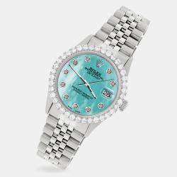 Rolex Custom Aquamarine Blue Diamond Stainless Steel Datejust  Automatic Men's Wristwatch 36MM