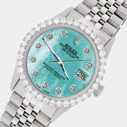Rolex Custom Aquamarine Blue Diamond Stainless Steel Datejust  Automatic Men's Wristwatch 36MM