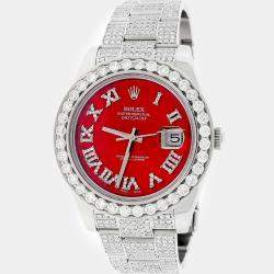 Rolex Customised Red MOP 9.8CT Diamond Stainless Steel Datejust II 116300 Automatic Men's Wristwatch 41mm