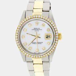 Rolex Customised  MOP Diamond 18K Yellow Gold Stainless Steel Date 1505 Automatic Men's Wristwatch 34MM