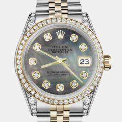 Rolex Customised Black MOP Diamond 18K Yellow Gold Stainless Steel Datejust 16013 Automatic Men's Wristwatch 36mm