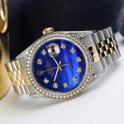 Rolex Customised Blue MOP Diamond 18K Yellow Gold Stainless Steel Datejust 16013 Automatic Men's Wristwatch 36mm