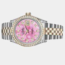 Rolex Customised Pink MOP Diamond 18K Yellow Gold Stainless Steel Datejust 16013 Automatic Men's Wristwatch 36mm