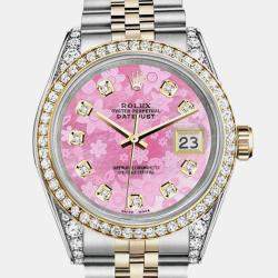 Rolex Customised Pink MOP Diamond 18K Yellow Gold Stainless Steel Datejust 16013 Automatic Men's Wristwatch 36mm