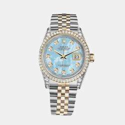 Rolex Customised Blue MOP Diamond 18K Yellow Gold Stainless Steel Datejust 16013 Automatic Men's Wristwatch 36mm