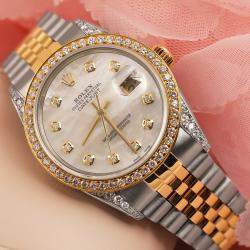Rolex Customised White MOP Diamond 18K Yellow Gold Stainless Steel Datejust 16233 Automatic Men's Wristwatch 36mm