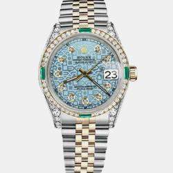 Rolex Customised Ice Blue Diamond 18K Yellow Gold Stainless Steel Datejust 16013 Automatic Men's Wristwatch 36mm