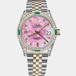 Rolex Customised Pink MOP Diamond 18K Yellow Gold Stainless Steel Datejust 16013 Automatic Men's Wristwatch 36mm