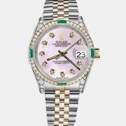 Rolex Customised Pink MOP Diamond 18K Yellow Gold Stainless Steel Datejust 16013 Automatic Men's Wristwatch 36mm