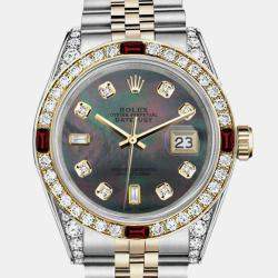 Rolex Customised Black MOP Diamond 18K Yellow Gold Stainless Steel Datejust 16013 Automatic Men's Wristwatch 36mm