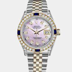 Rolex Customised Pink MOP Diamond 18K Yellow Gold Stainless Steel Datejust 16013 Automatic Men's Wristwatch 36mm