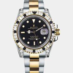 Rolex Customised Black Diamond 18K Yellow Gold Submariner 16613 Automatic Men's Wristwatch 40mm