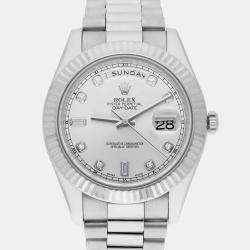 Pre Owned Rolex Day-Date 218239-0006 Automatic Silver 18k White Gold Men's Wristwatch 41 mm