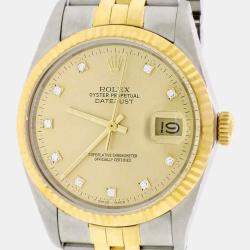 Pre Owned Rolex Champagne 18k Yellow Gold Stainless Steel Diamond Datejust 16013 Automatic Men's Wristwatch 36 mm