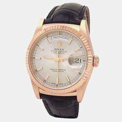 Pre Owned Rolex Day-Date 118135 Automatic Silver 18K Rose Gold Men’s Wristwatch 36 mm