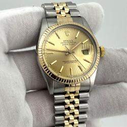 Pre Owned Rolex Datejust 16013 Automatic Champagne Tapestry 18k Yellow Gold Stainless Steel Men's Wristwatch 36 mm