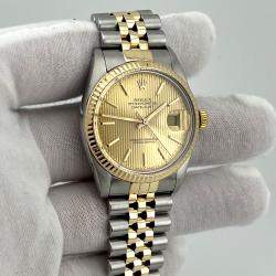Pre Owned Rolex Datejust 16013 Automatic Champagne Tapestry 18k Yellow Gold Stainless Steel Men's Wristwatch 36 mm