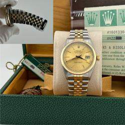 Pre Owned Rolex Datejust 16013 Automatic Champagne Tapestry 18k Yellow Gold Stainless Steel Men's Wristwatch 36 mm