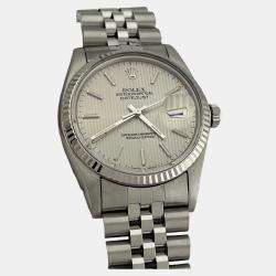 Pre Owned Rolex Datejust 16014 Automatic Silver Tapestry Stainless Steel Men's Wristwatch 36 mm