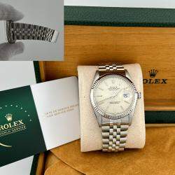 Pre Owned Rolex Datejust 16014 Automatic Silver Tapestry Stainless Steel Men's Wristwatch 36 mm